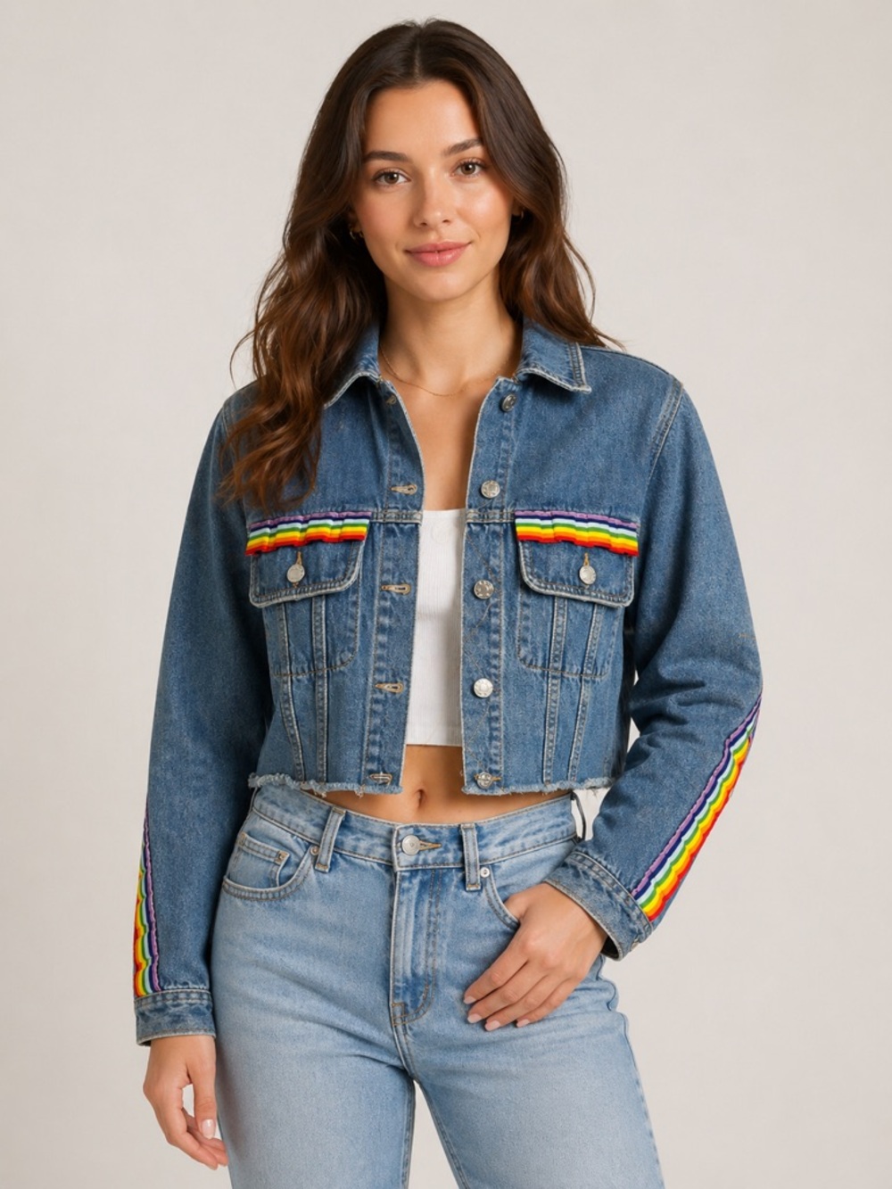 Sunset + Spring Denim Jean Jacket with Rainbow  Ruffles size Small